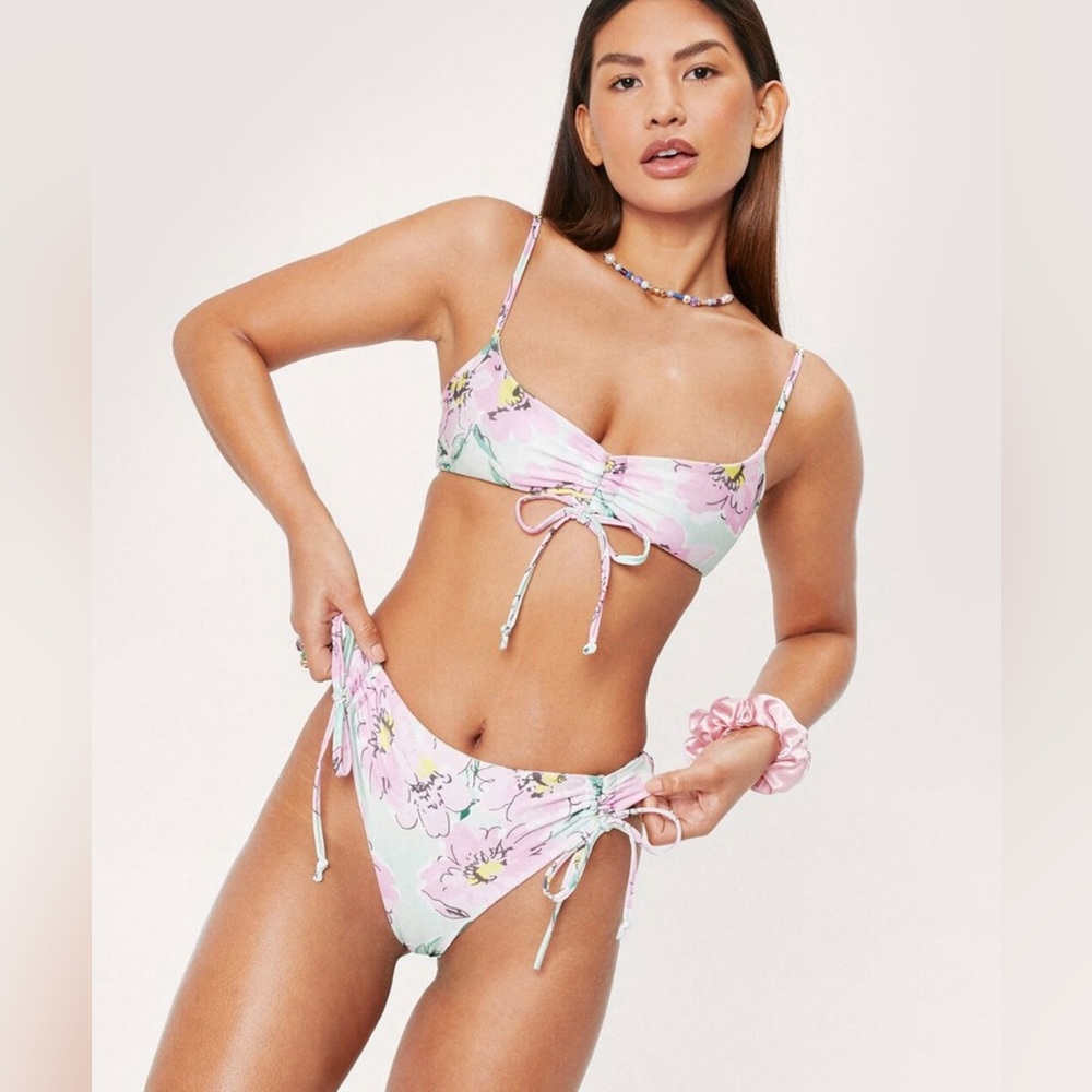 Nasty Gal Floral Print Ruched Tie Front Bikini Set